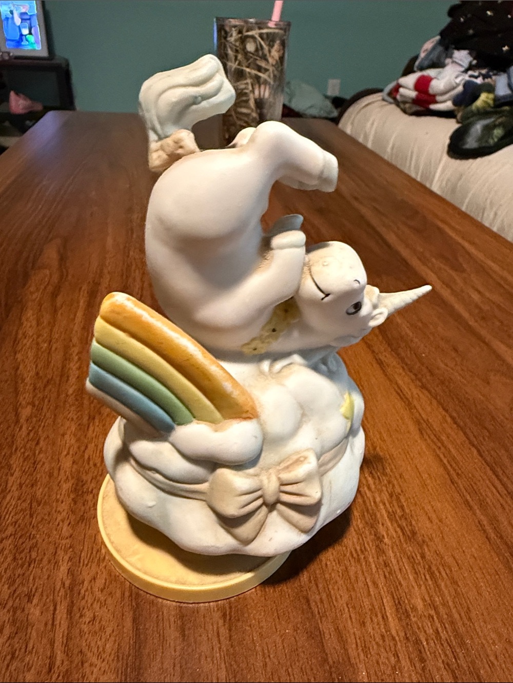 White Ceramic Unicorn Figurine with Pastel Rainbow Accent music box